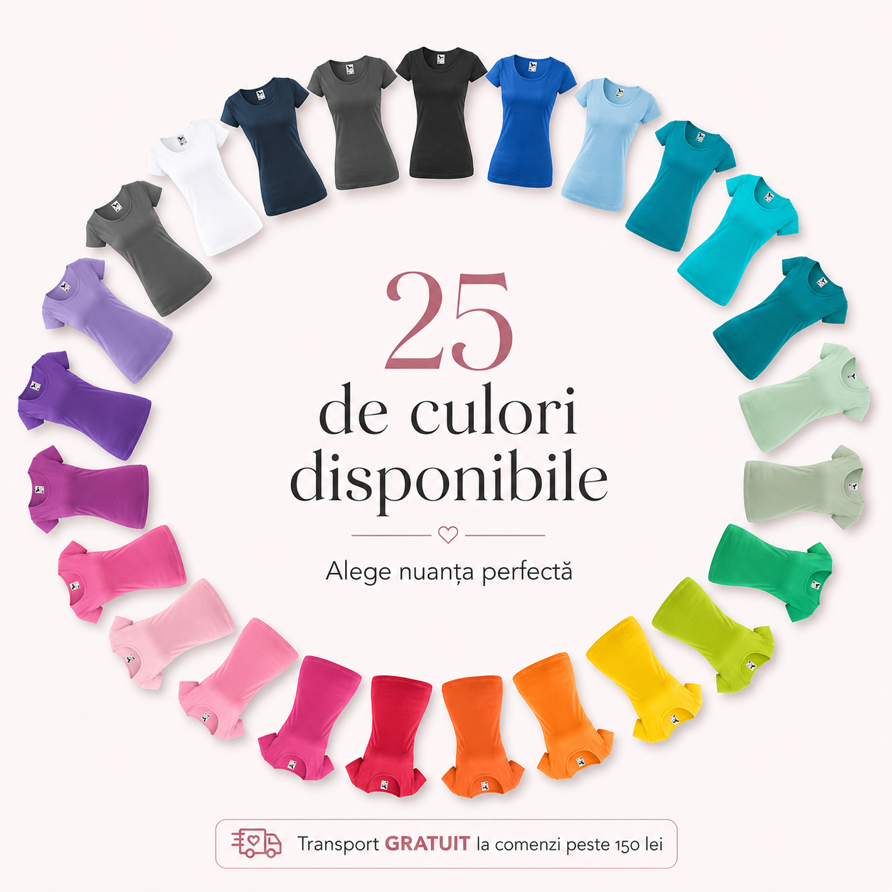 Tricou damă 100% bumbac cambrat cu decolteu rotund disponibil în 25 culori XS-2XL